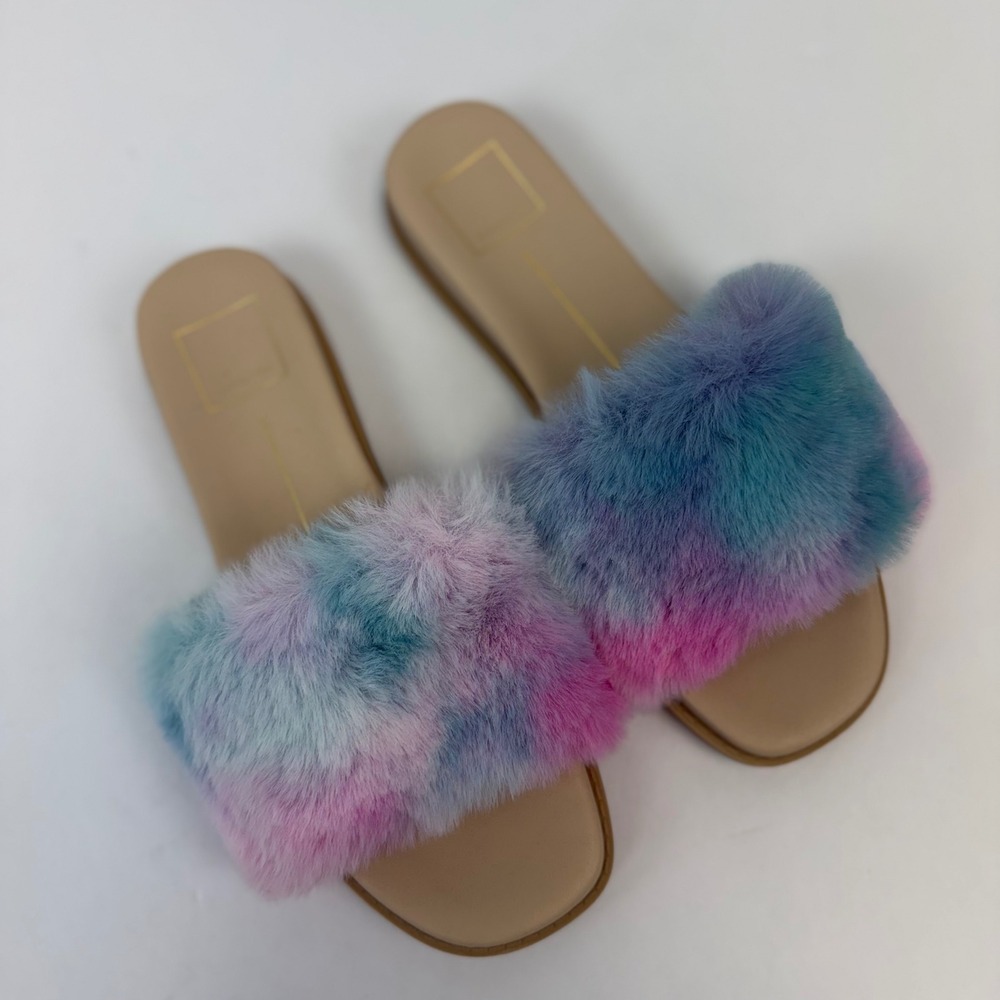 Dolce Vita Womens Multi-Color Faux Fur Slide Sandals Size 8 Pink Blue Purple